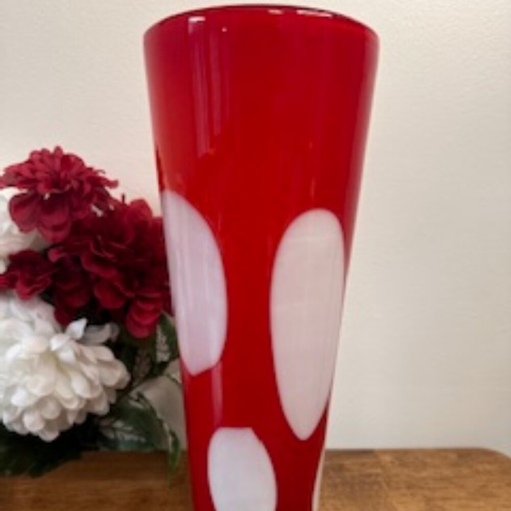 Vintage Red Cased Art Glass Vase Modern Tall Cylinder Optic Ovals Mid-Century St